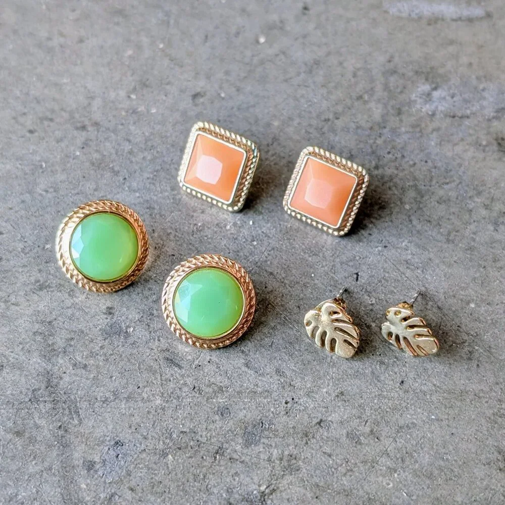 Set of Three Coral, Teal, Leaf Gold Post Earrings